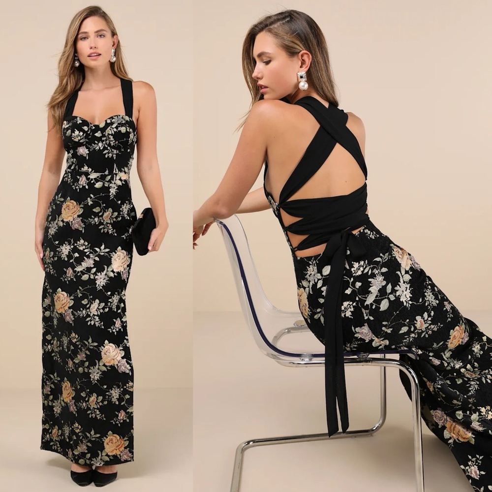 Black and Gold Floral Jacquard Sweetheart Lace-Up Maxi Dress 🌿
